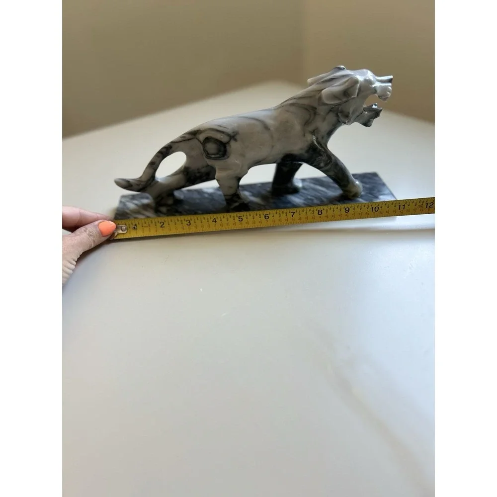 Vintage Marble Panther Statue Black White Stone Sculpture Mid Century Modern